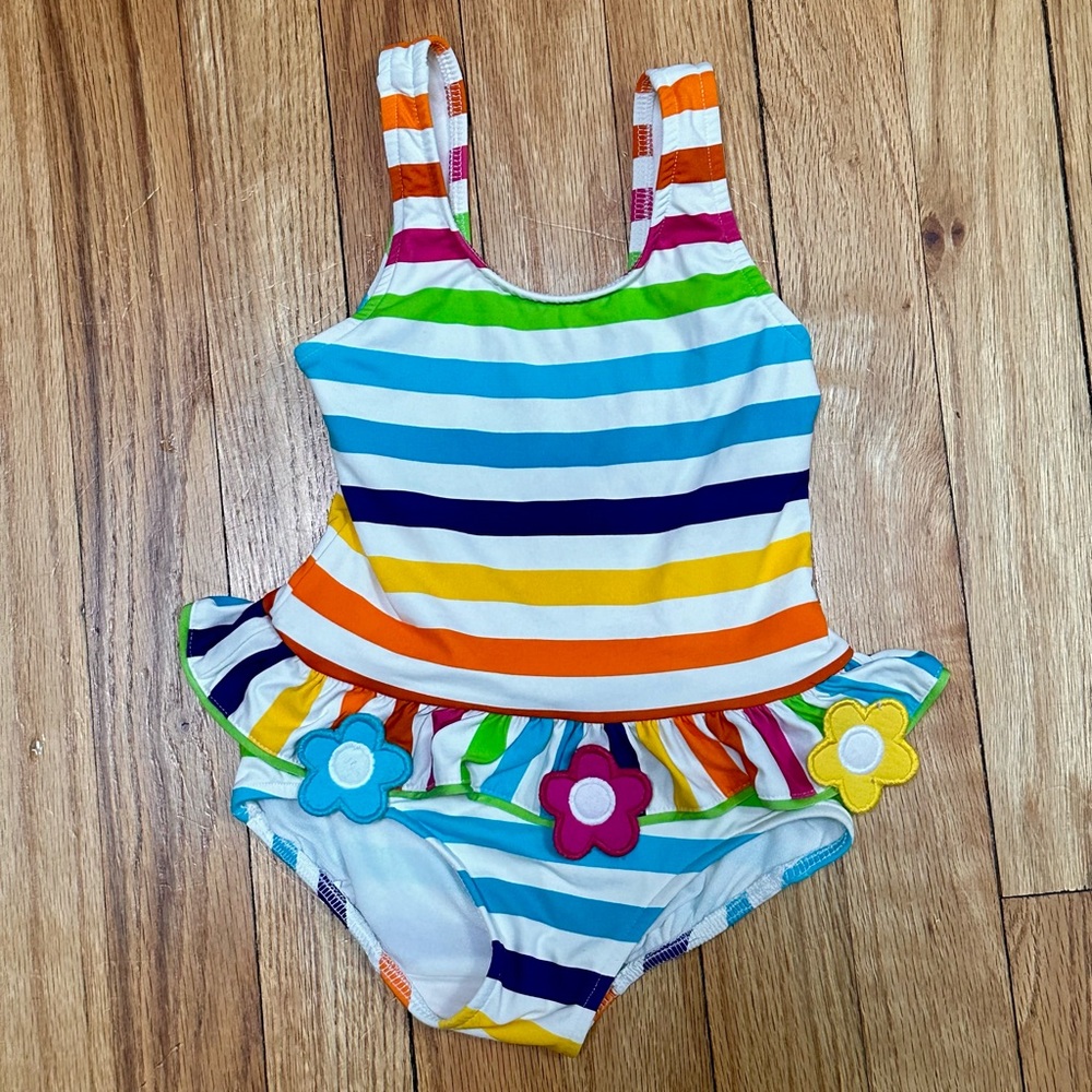 Florence Eiseman rainbow stripe skirted swimsuit with floral details—Size 2T